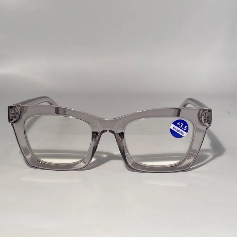 1148 Gretchen Reading Glasses 3.5 Sq Eyeglasses Clear Grey Frames NWT